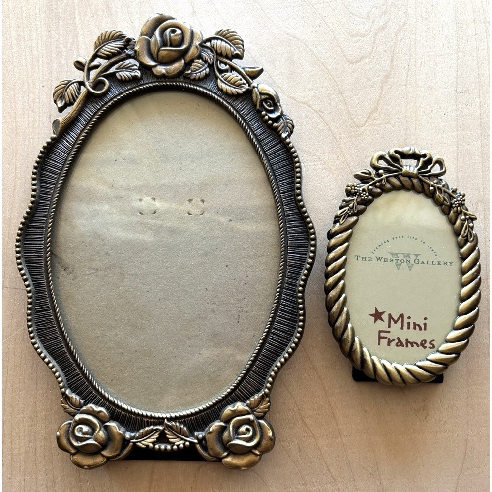 Lovely Vtg Weston Gallery Metal Frame LOT of 2 Oval Roses Floral 5 x 7 & 3 x 4